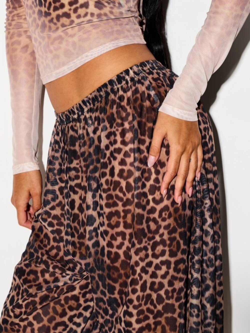 Tan Digital Leopard Print Sheer Wide Leg Pants - Ombre Fade - Picture 4 of 5